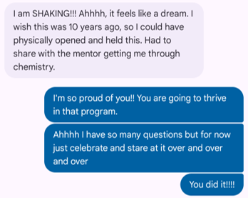 Shannon's reaction text after her acceptance